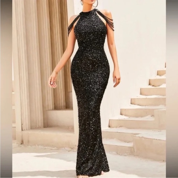 Luxe burgundy beaded halter party formal evening wedding sequins dress - Picture 13 of 16